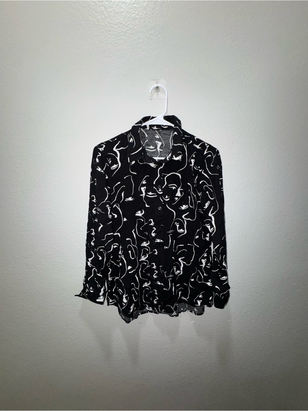 Black Abstract Face Print Button-Down Shirt